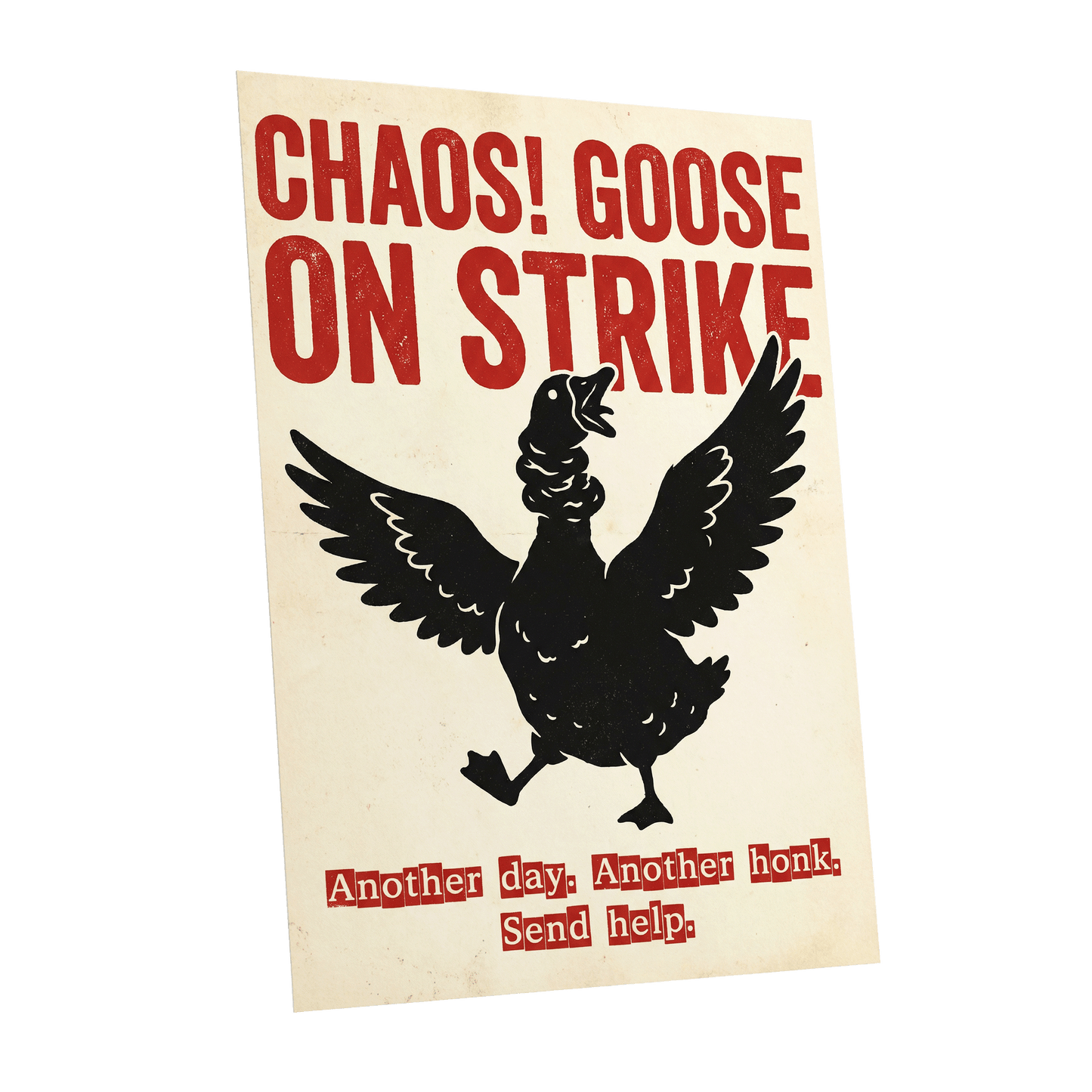 Chaos Goose on Strike, black, beige, red nature wall art shown as a unframed poster wall art print