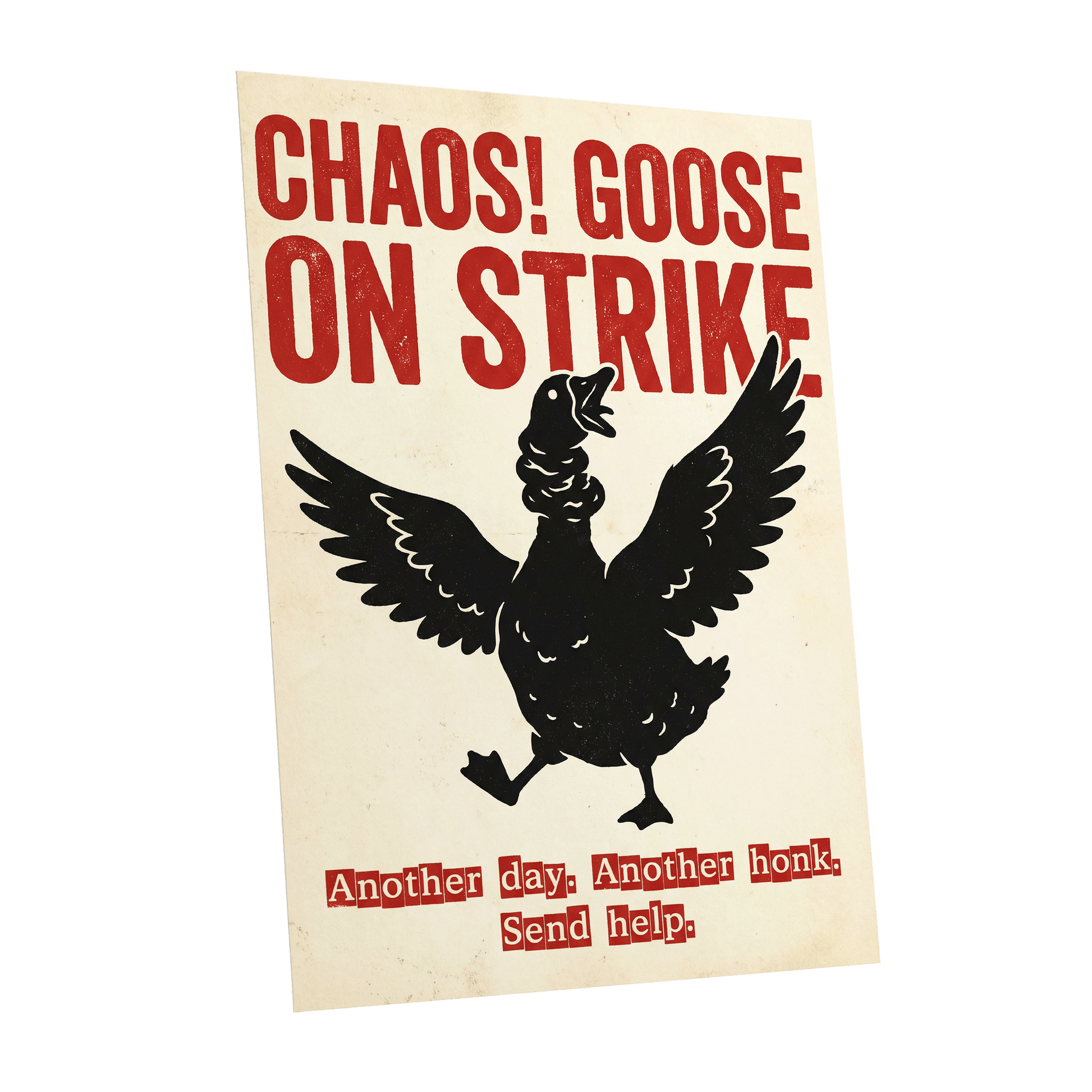 Chaos Goose on Strike, black, beige, red nature wall art shown as a unframed poster wall art print