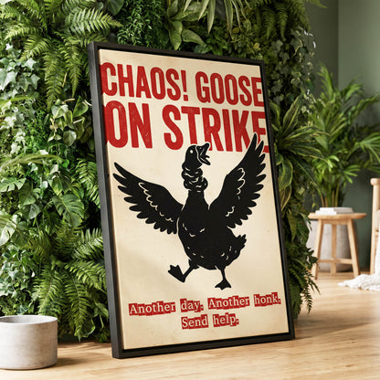 Chaos Goose on Strike, black, beige, red nature wall art displayed in a styled interior, gallery view 1