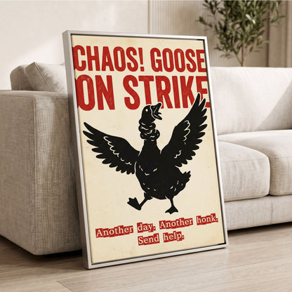 Chaos Goose on Strike, black, beige, red nature wall art displayed in a styled interior, gallery view 2