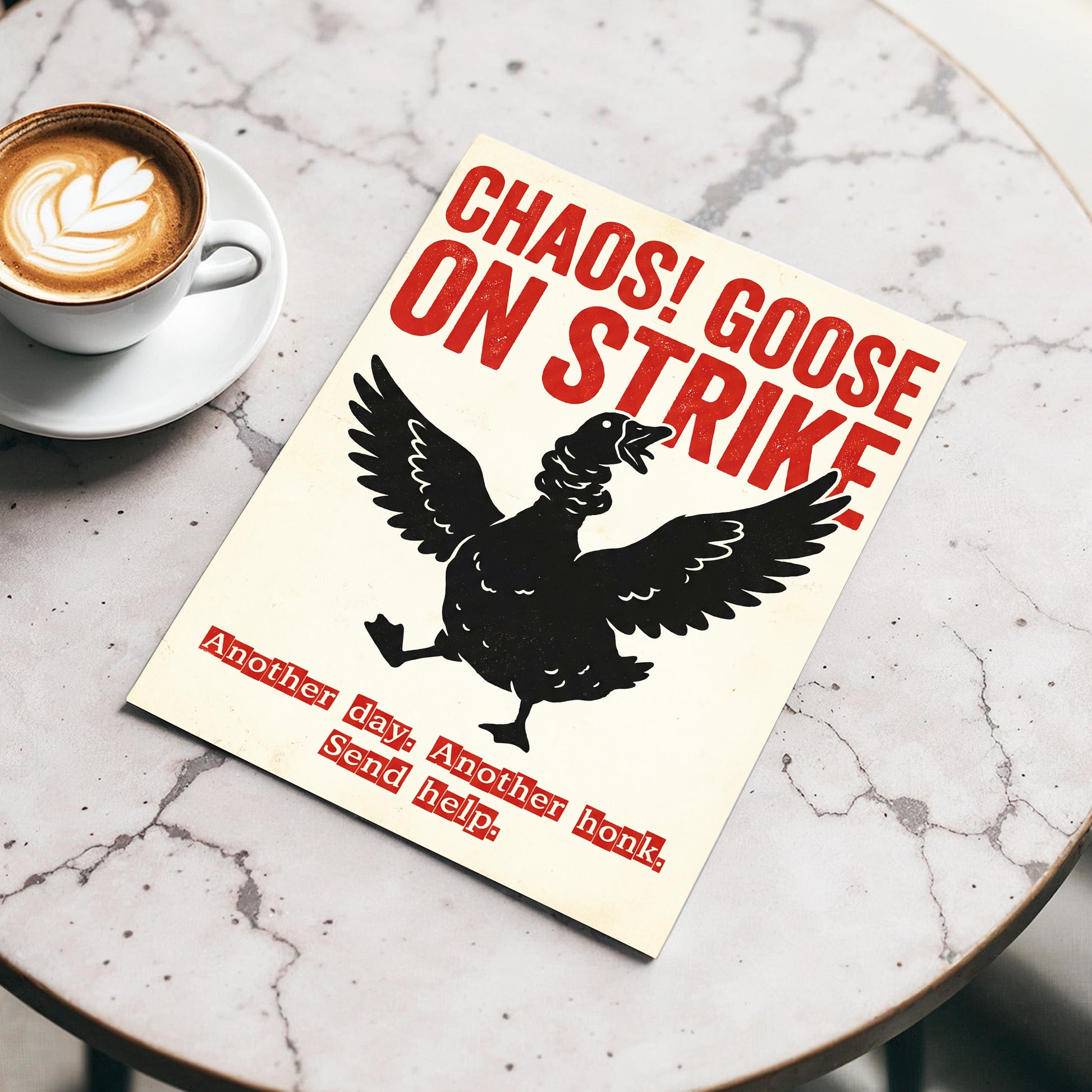 Chaos Goose on Strike, black, beige, red nature wall art displayed in a styled interior, gallery view 3
