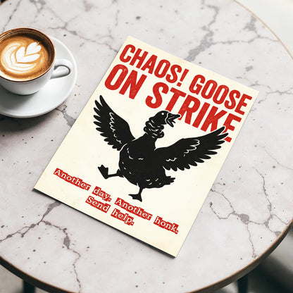 Chaos Goose on Strike, black, beige, red nature wall art displayed in a styled interior, gallery view 3