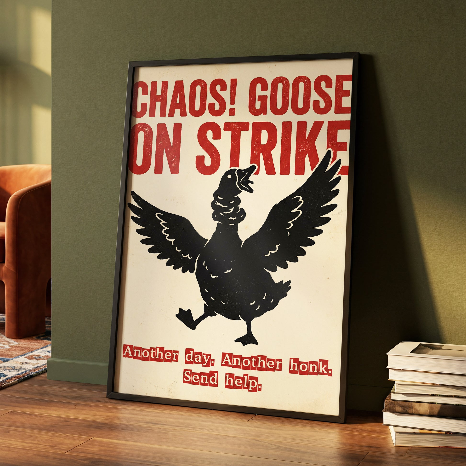 Chaos Goose on Strike, black, beige, red nature wall art displayed in a styled interior, gallery view 4