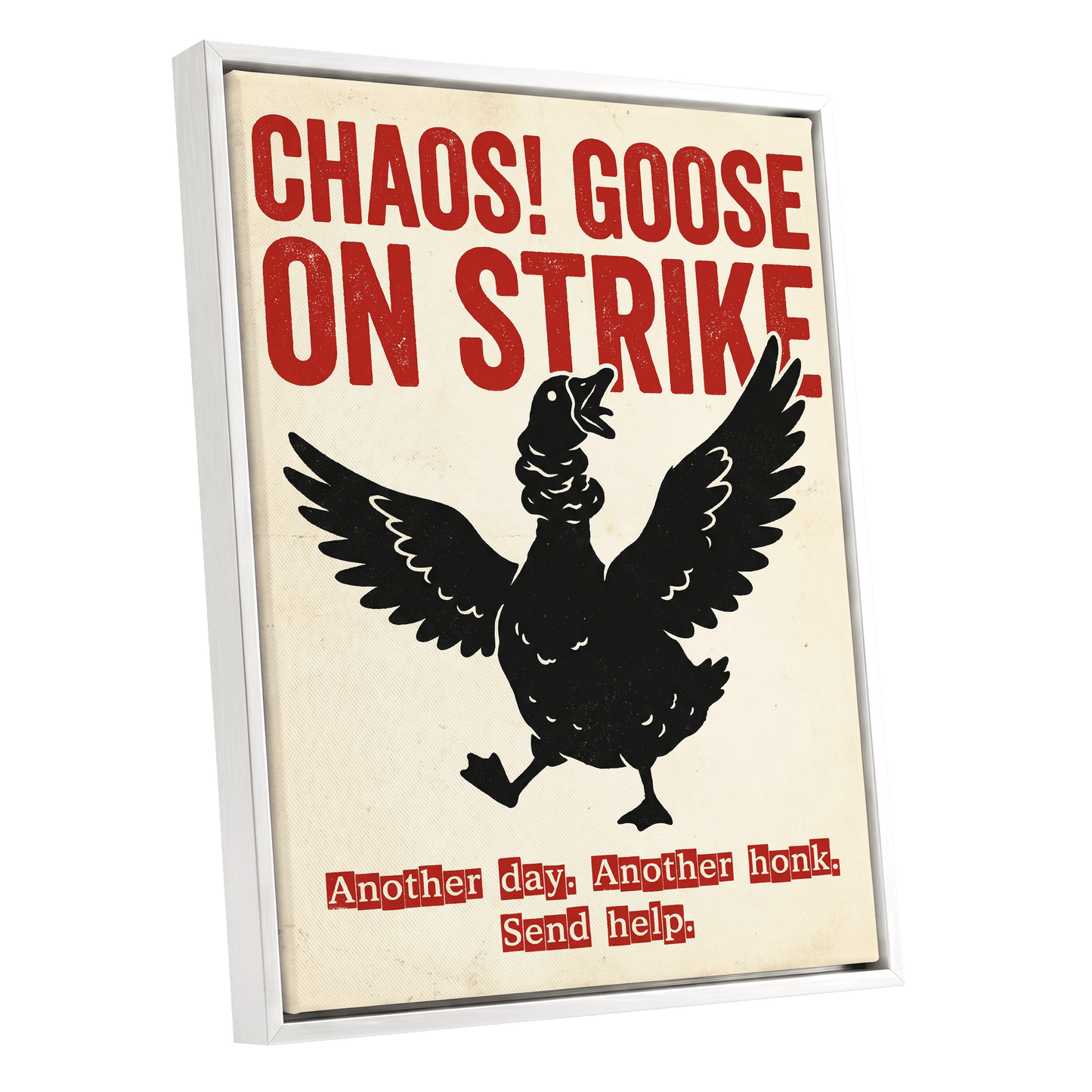 Chaos Goose on Strike, black, beige, red nature wall art shown as a white framed canvas wall art