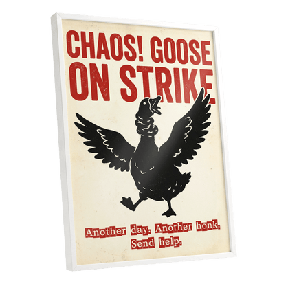 Chaos Goose on Strike, black, beige, red nature wall art shown as a white framed poster wall art print