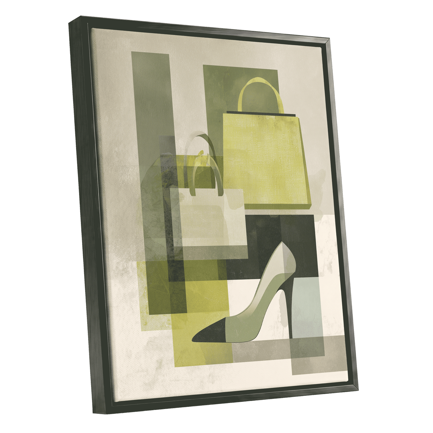 Chartreuse Boutique, green, beige, yellow abstract wall art shown as a black framed canvas wall art