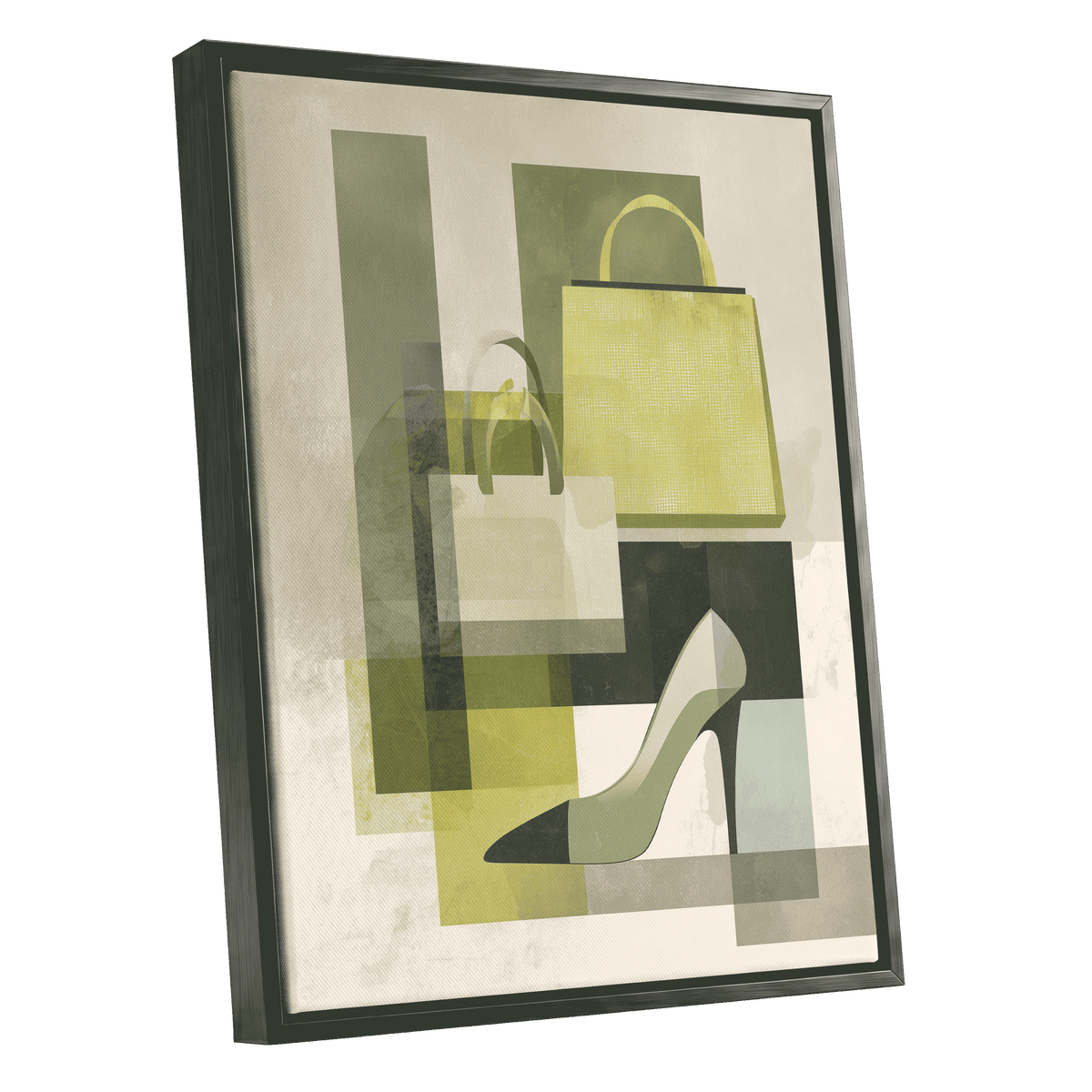 Chartreuse Boutique, green, beige, yellow abstract wall art shown as a black framed canvas wall art