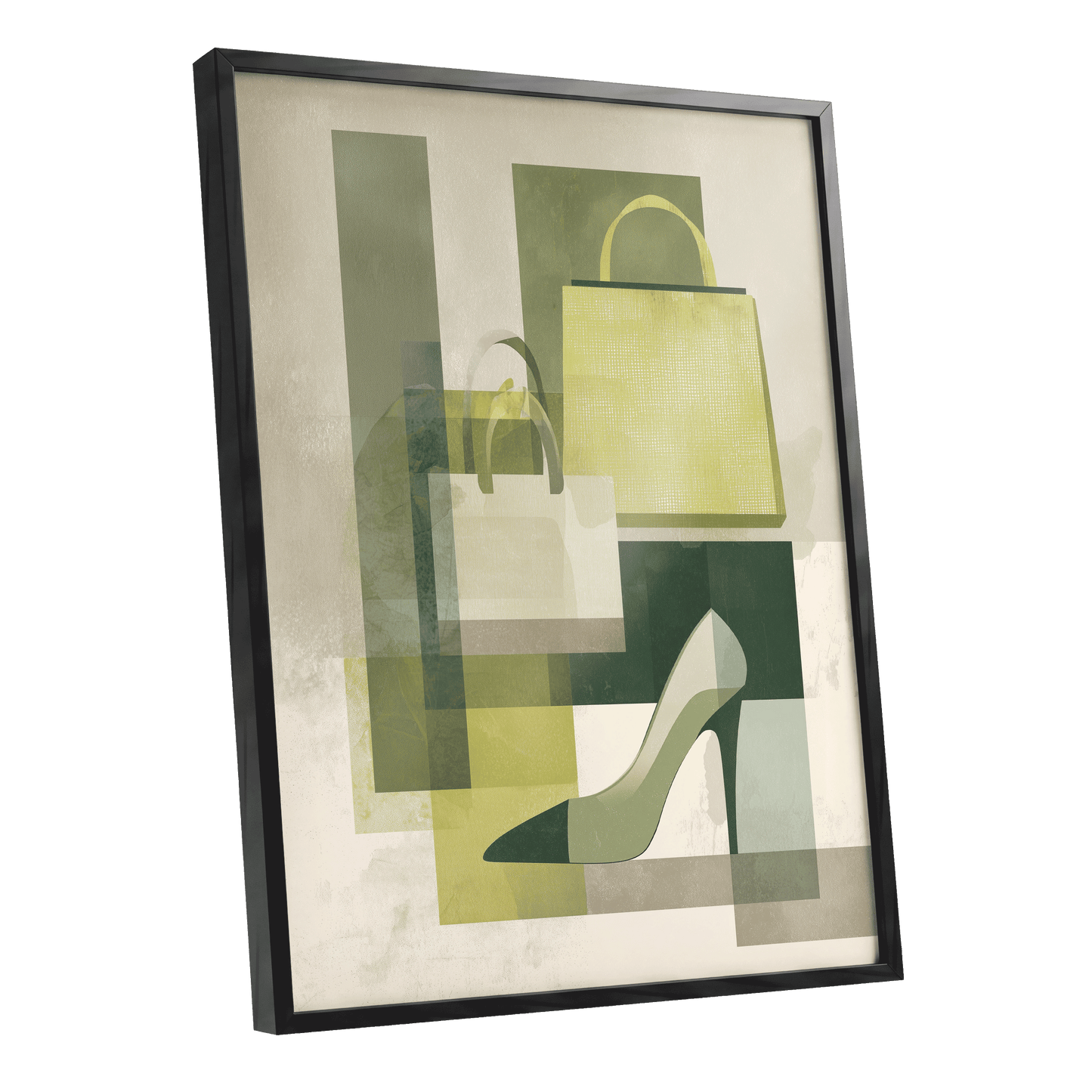 Chartreuse Boutique, green, beige, yellow abstract wall art shown as a black framed poster wall art print