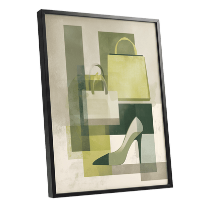 Chartreuse Boutique, green, beige, yellow abstract wall art shown as a black framed poster wall art print