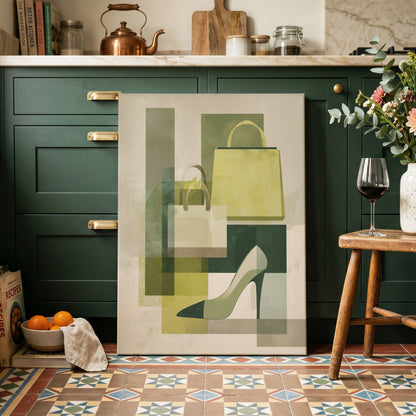 Chartreuse Boutique, green, beige, yellow abstract wall art on canvas displayed in a styled interior, gallery view 1