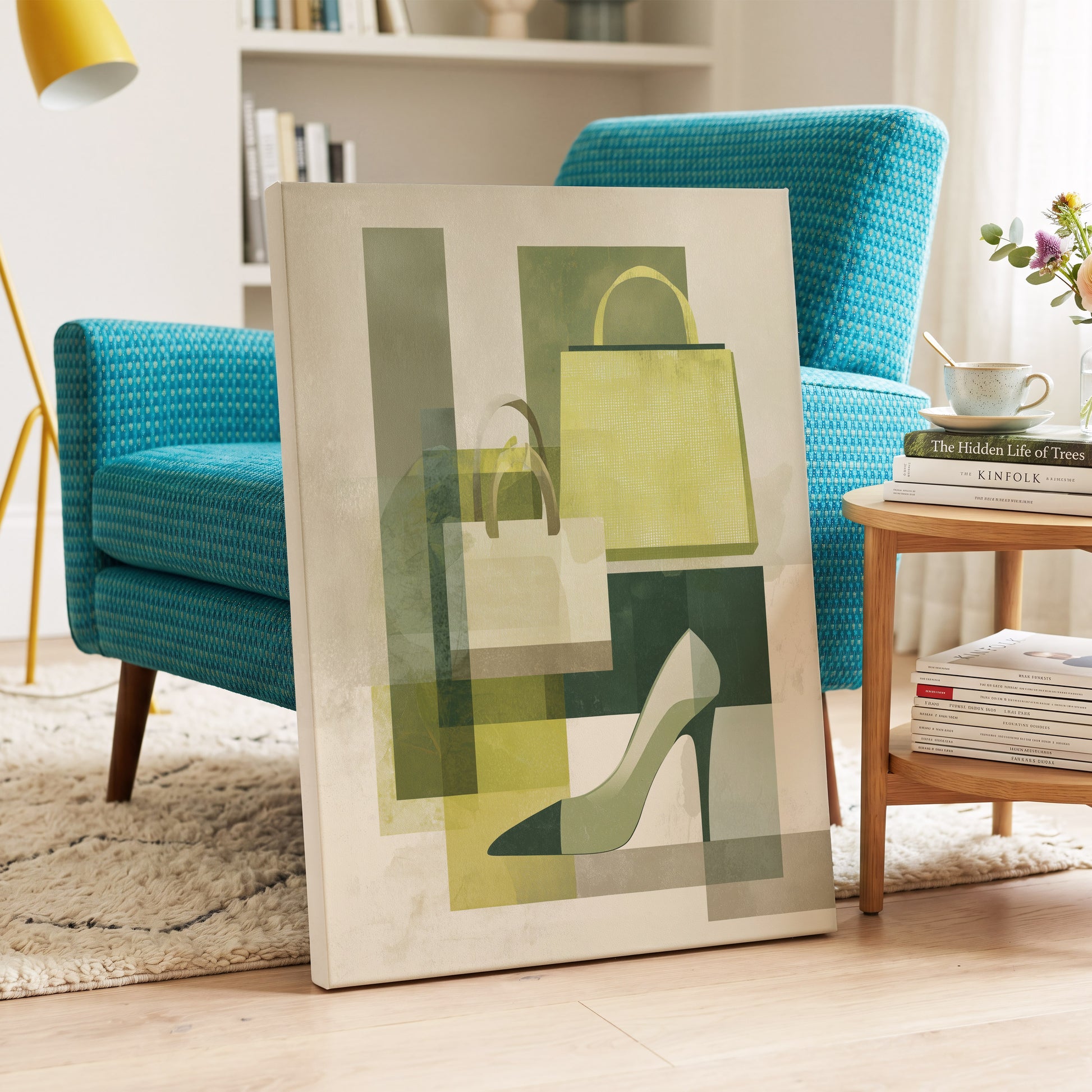 Chartreuse Boutique, green, beige, yellow abstract wall art on canvas displayed in a styled interior, gallery view 2