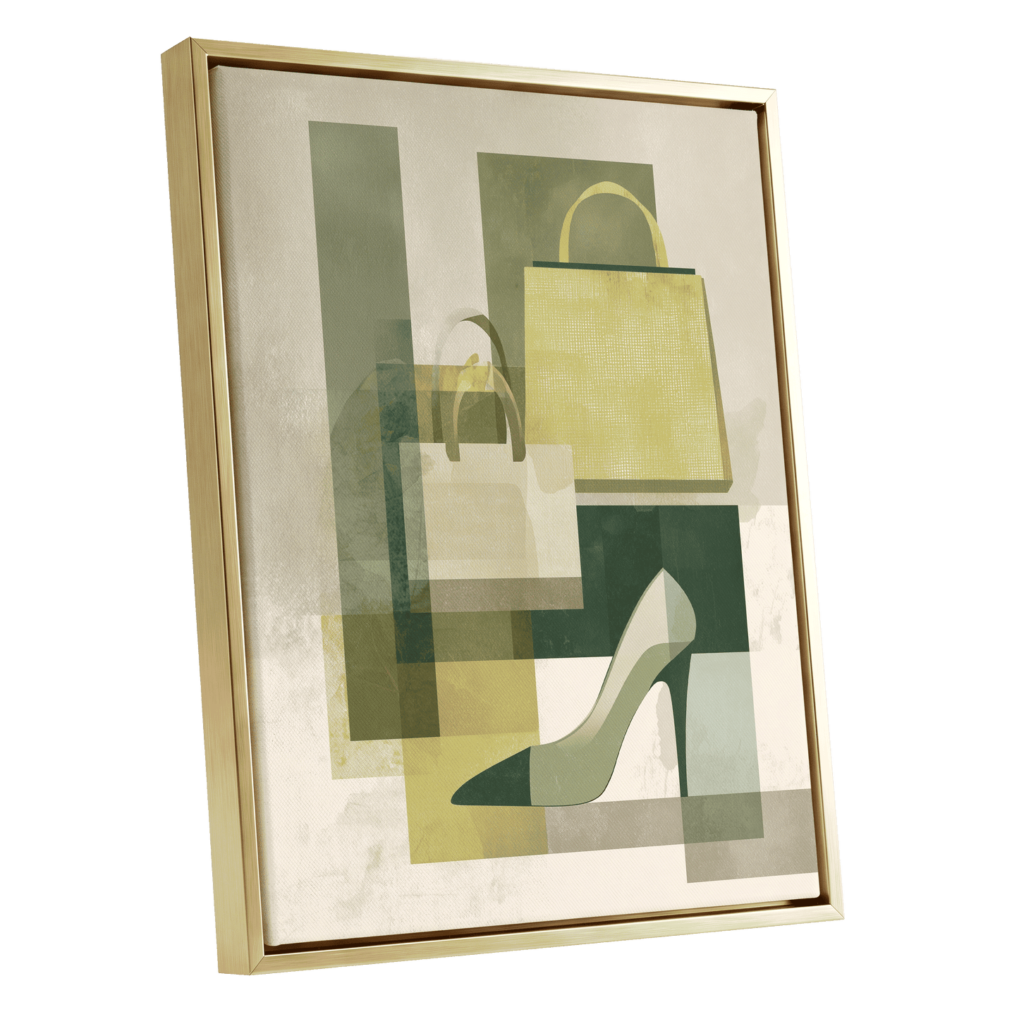 Chartreuse Boutique, green, beige, yellow abstract wall art shown as a gold framed canvas wall art