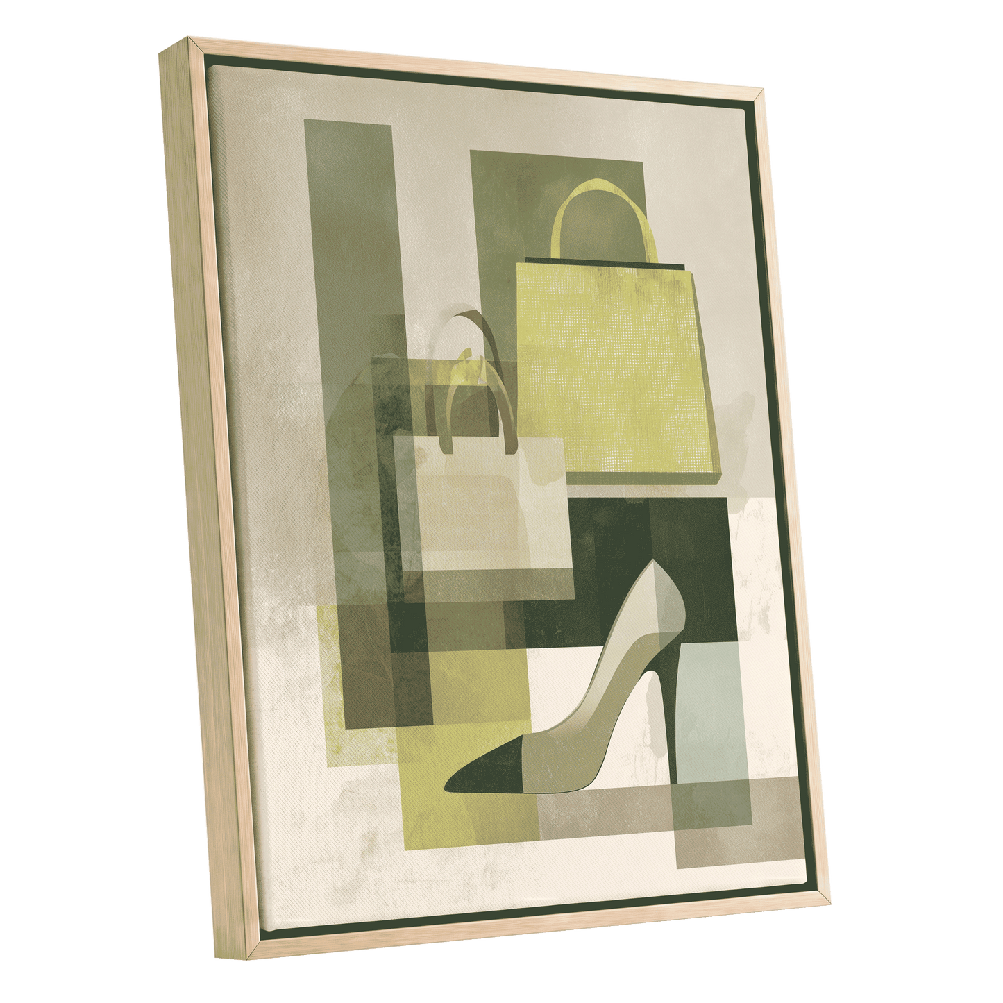 Chartreuse Boutique, green, beige, yellow abstract wall art shown as a oak framed canvas wall art