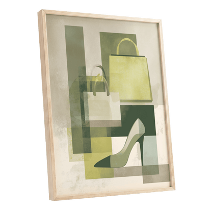 Chartreuse Boutique, green, beige, yellow abstract wall art shown as a oak framed poster wall art print