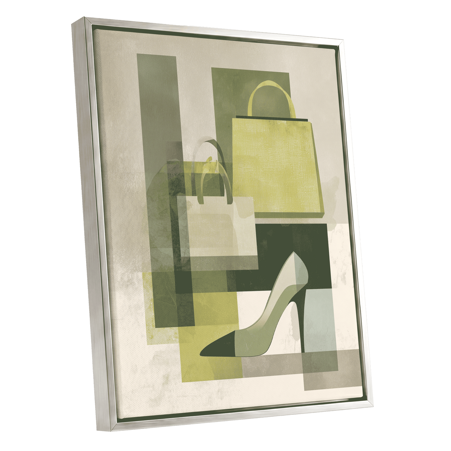 Chartreuse Boutique, green, beige, yellow abstract wall art shown as a silver framed canvas wall art
