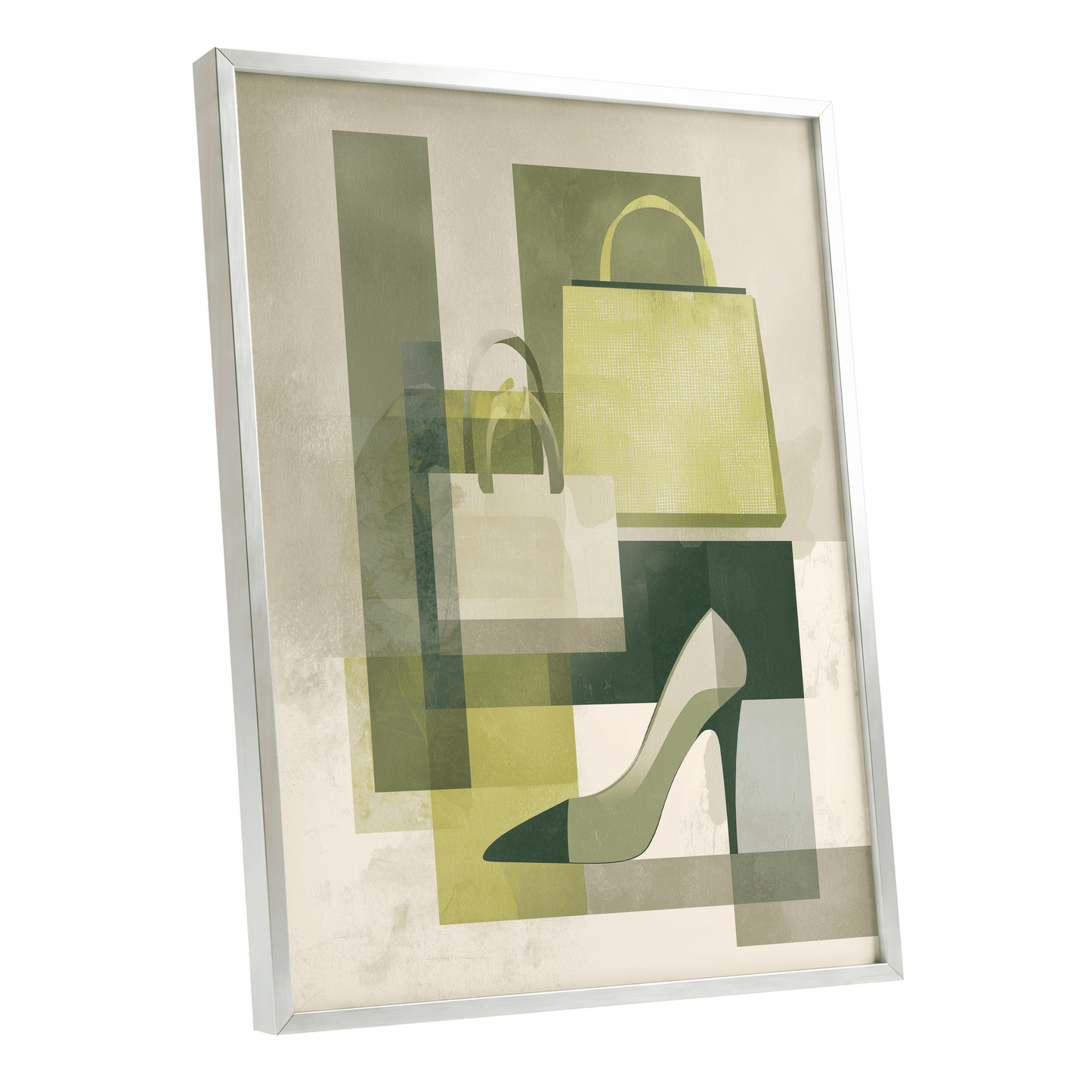 Chartreuse Boutique, green, beige, yellow abstract wall art shown as a silver framed poster wall art print
