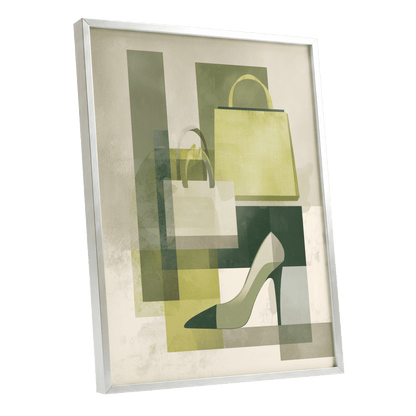 Chartreuse Boutique, green, beige, yellow abstract wall art shown as a silver framed poster wall art print