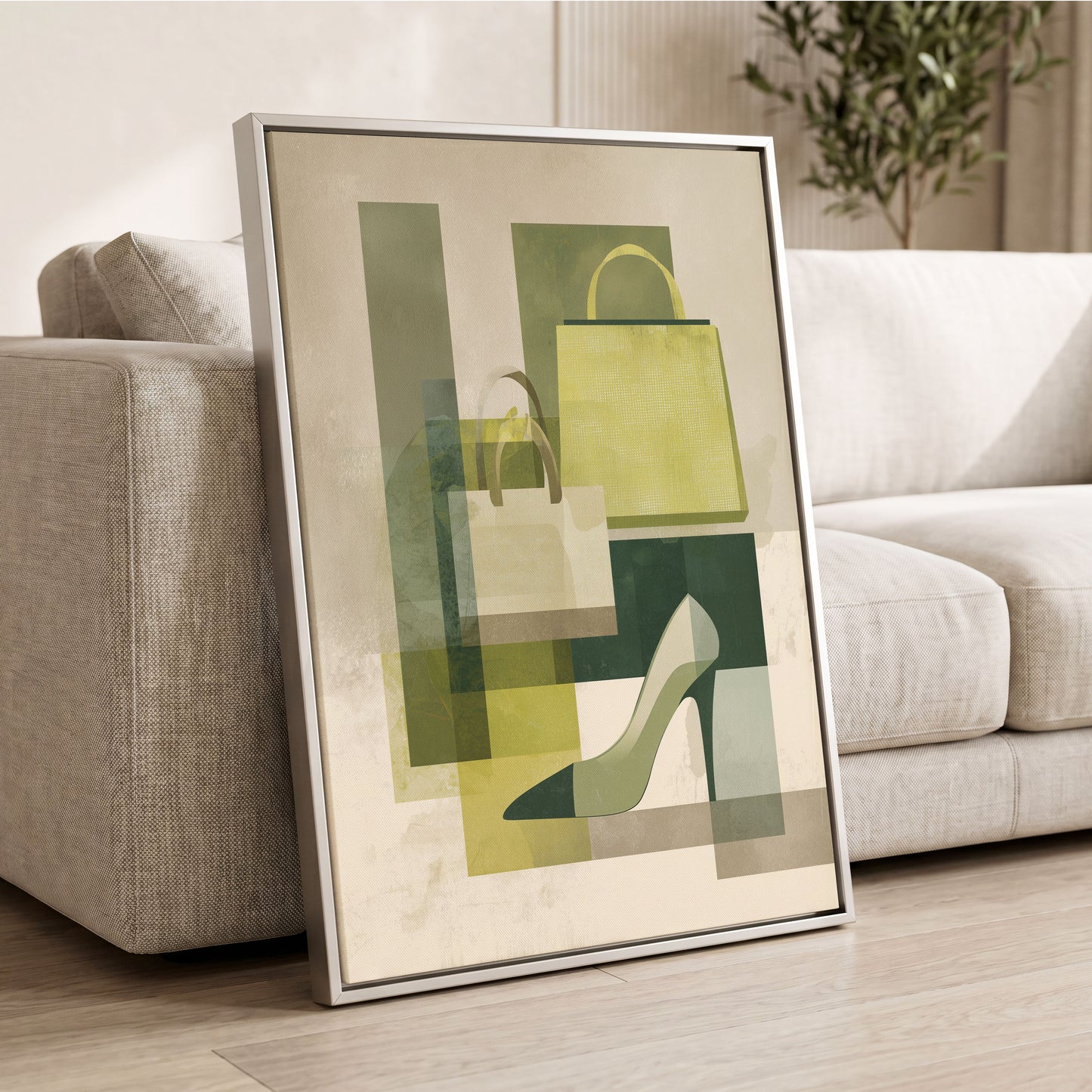Chartreuse Boutique, green, beige, yellow abstract wall art displayed in a styled interior, gallery view 2