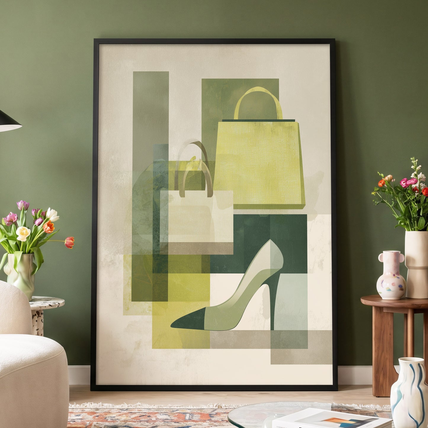 Chartreuse Boutique, green, beige, yellow abstract wall art displayed in a styled interior, gallery view 4