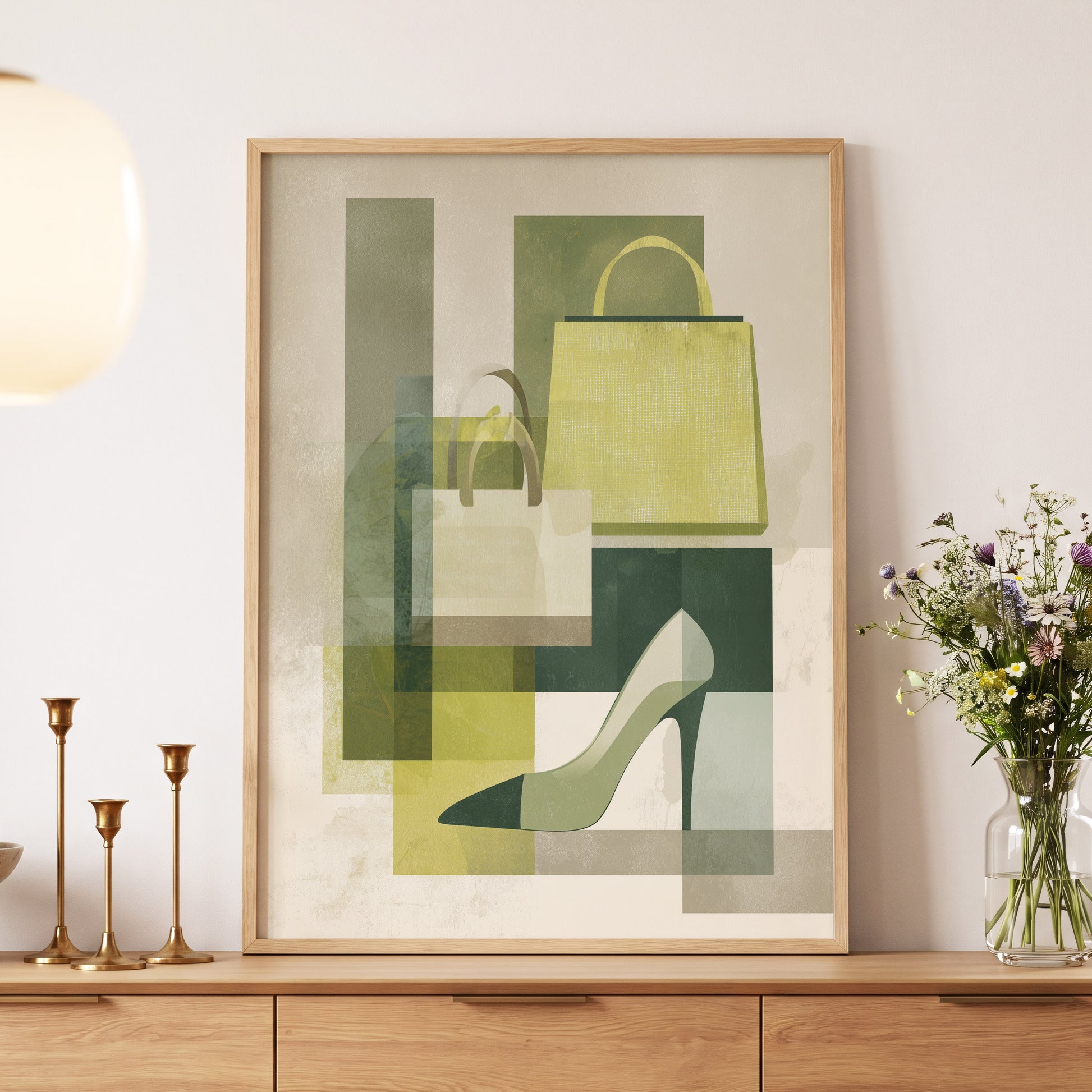 Chartreuse Boutique, green, beige, yellow abstract wall art displayed in a styled interior, gallery view 5