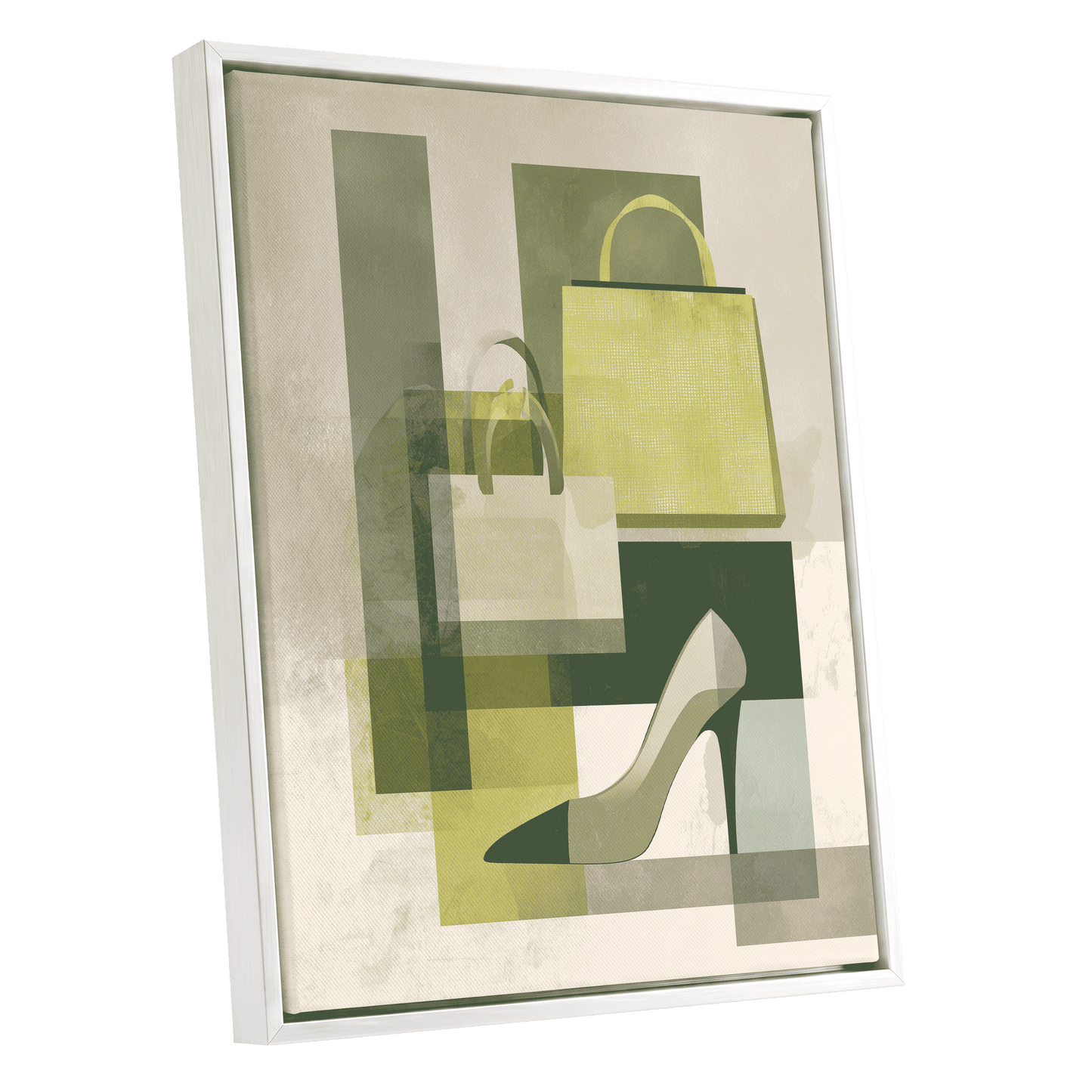 Chartreuse Boutique, green, beige, yellow abstract wall art shown as a white framed canvas wall art
