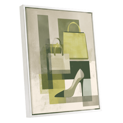 Chartreuse Boutique, green, beige, yellow abstract wall art shown as a white framed canvas wall art