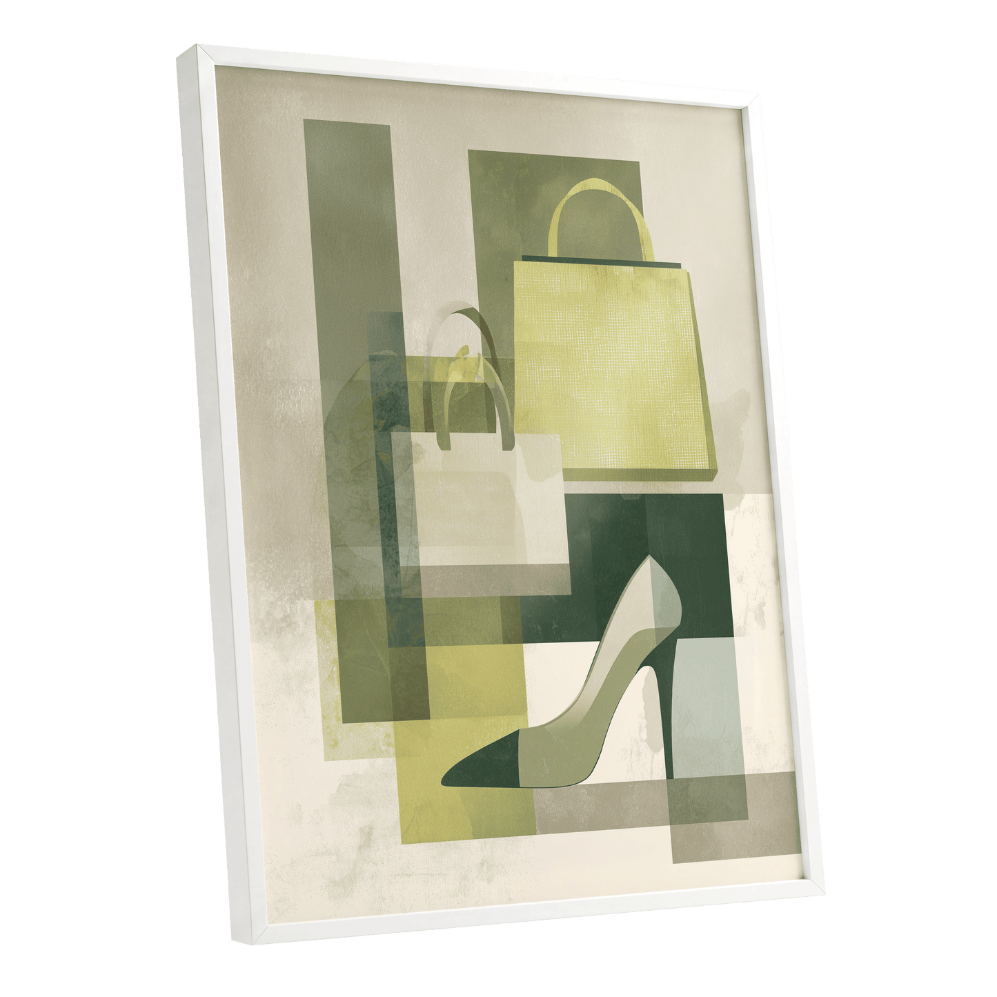 Chartreuse Boutique, green, beige, yellow abstract wall art shown as a white framed poster wall art print