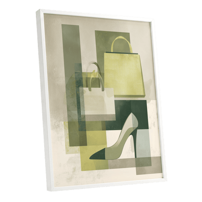Chartreuse Boutique, green, beige, yellow abstract wall art shown as a white framed poster wall art print
