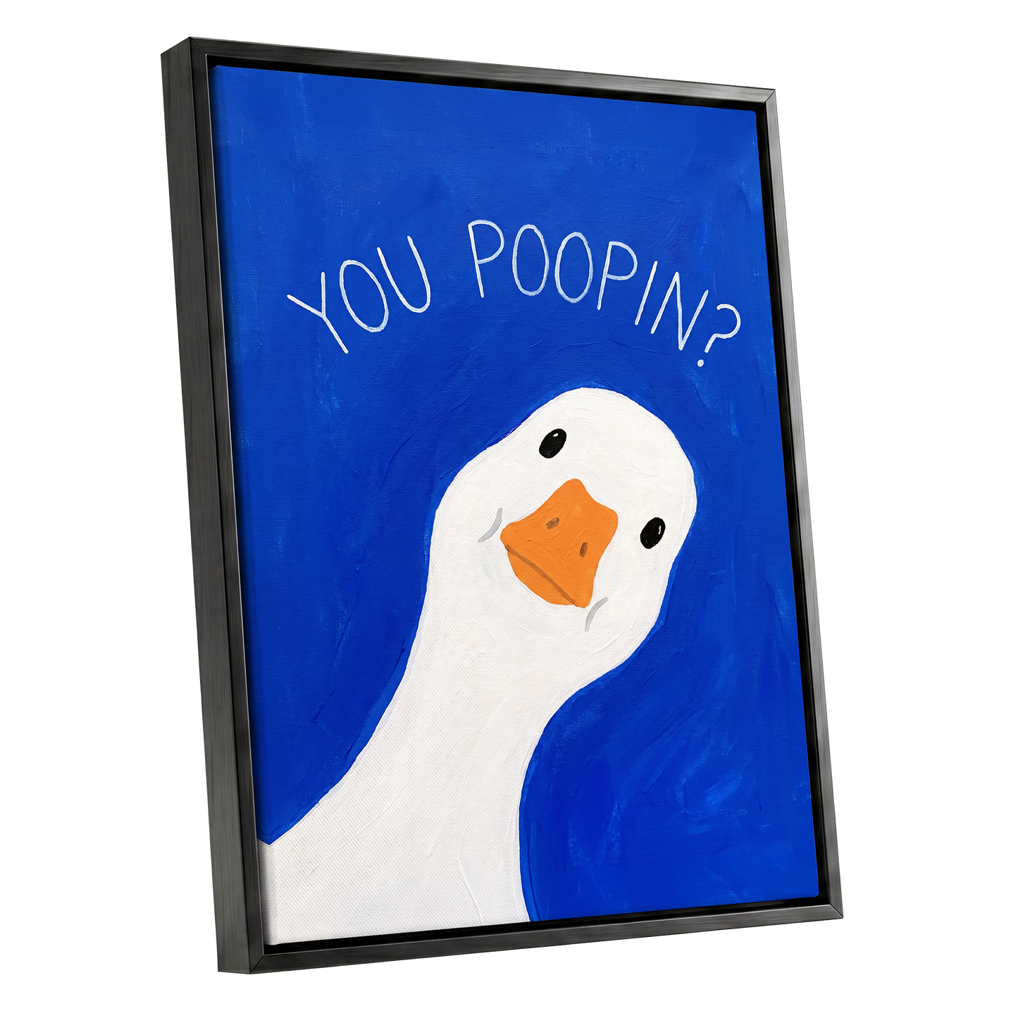 Cheeky Goose Check-In, blue, white, orange nature wall art shown as a black framed canvas wall art