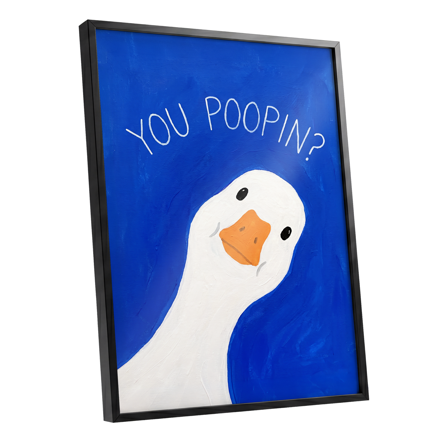 Cheeky Goose Check-In, blue, white, orange nature wall art shown as a black framed poster wall art print