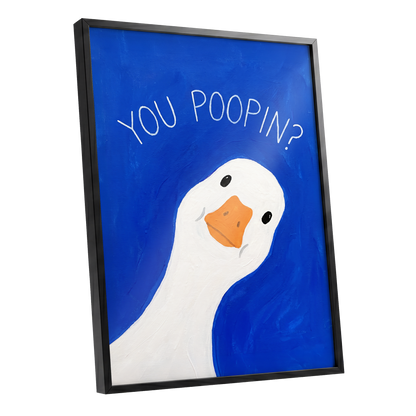 Cheeky Goose Check-In, blue, white, orange nature wall art shown as a black framed poster wall art print