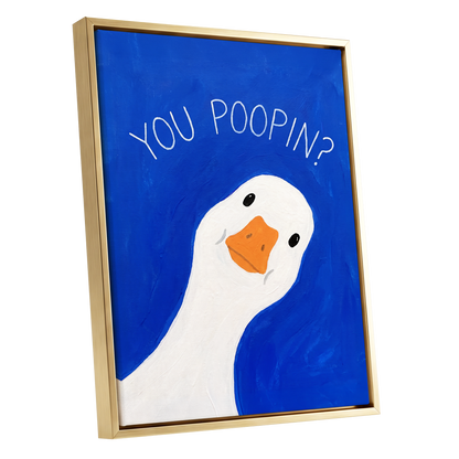 Cheeky Goose Check-In, blue, white, orange nature wall art shown as a gold framed canvas wall art