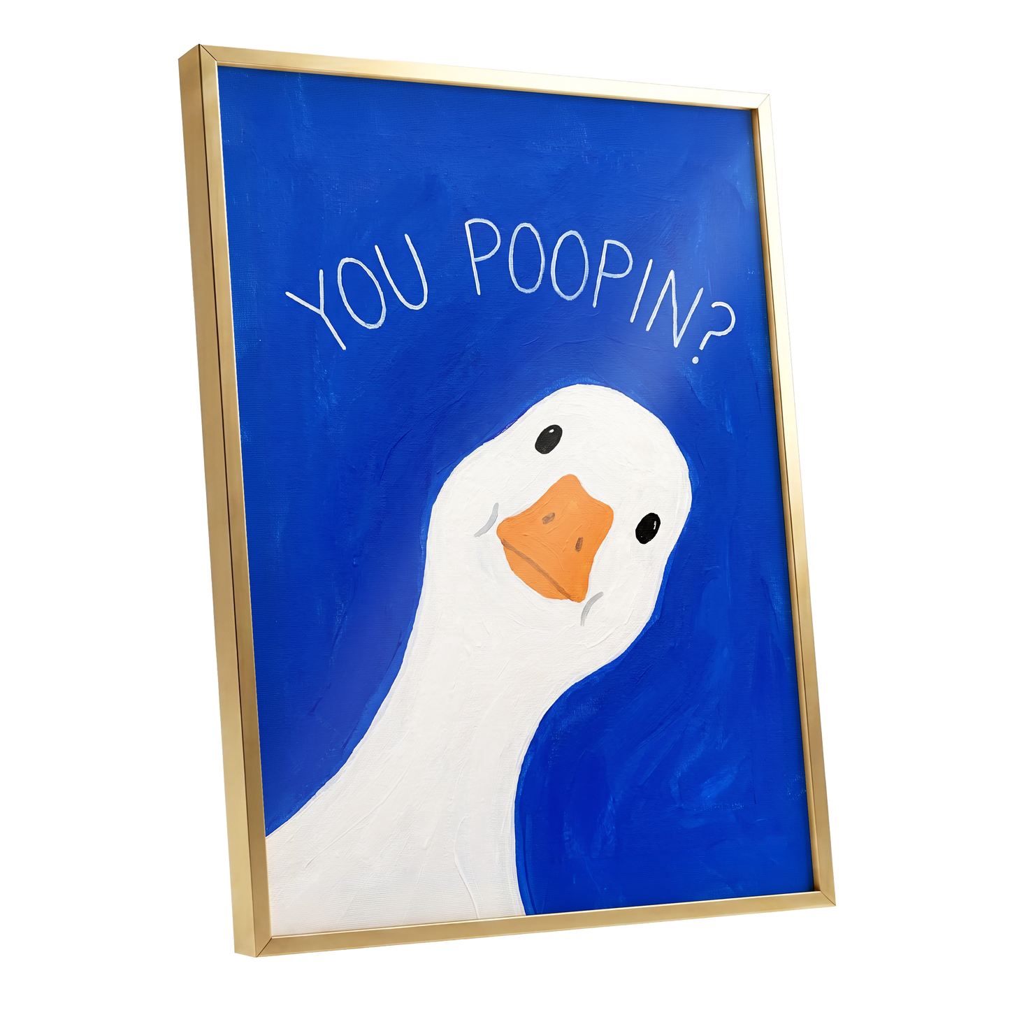 Cheeky Goose Check-In, blue, white, orange nature wall art shown as a gold framed poster wall art print