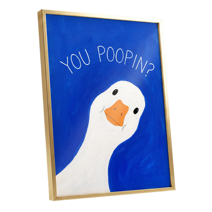 Cheeky Goose Check-In, blue, white, orange nature wall art shown as a gold framed poster wall art print