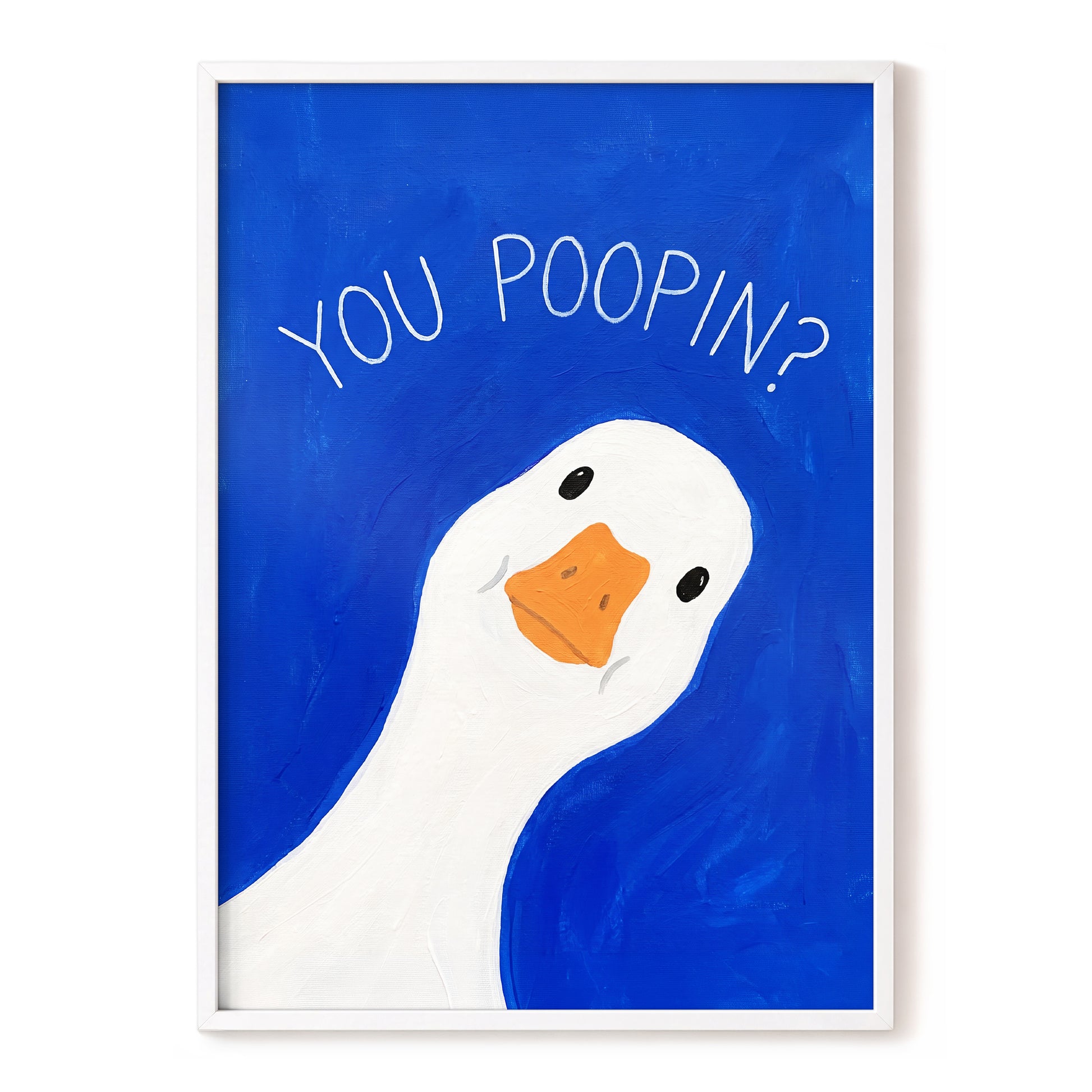 Cheeky Goose Check-In, blue, white, orange nature wall art, front artwork view