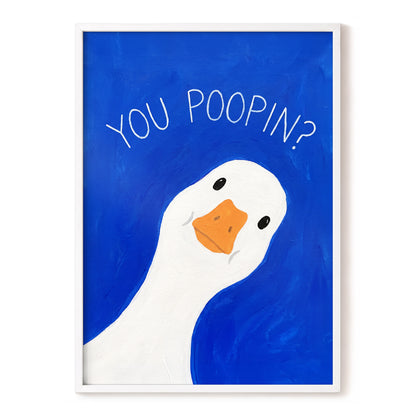 Cheeky Goose Check-In, blue, white, orange nature wall art, front artwork view