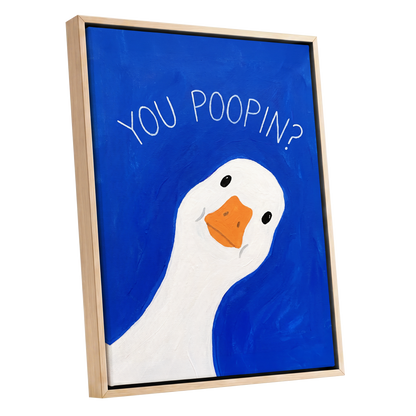 Cheeky Goose Check-In, blue, white, orange nature wall art shown as a oak framed canvas wall art