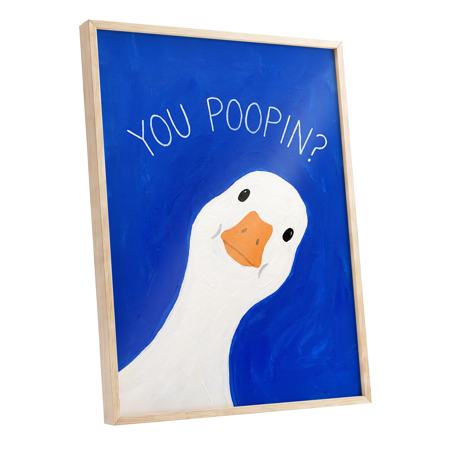 Cheeky Goose Check-In, blue, white, orange nature wall art shown as a oak framed poster wall art print