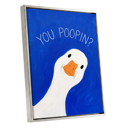 Cheeky Goose Check-In, blue, white, orange nature wall art shown as a silver framed canvas wall art