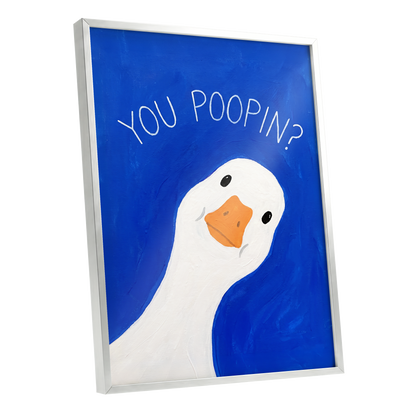 Cheeky Goose Check-In, blue, white, orange nature wall art shown as a silver framed poster wall art print