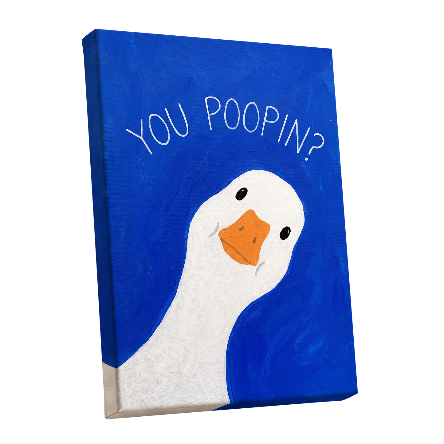 Cheeky Goose Check-In, blue, white, orange nature wall art shown as a stretched canvas wall art