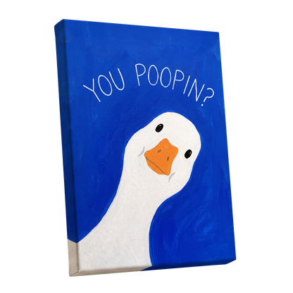 Cheeky Goose Check-In, blue, white, orange nature wall art shown as a stretched canvas wall art