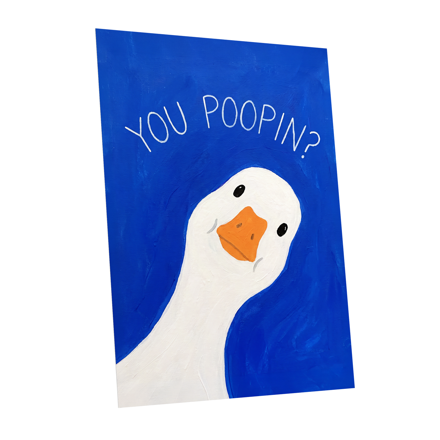 Cheeky Goose Check-In, blue, white, orange nature wall art shown as a unframed poster wall art print
