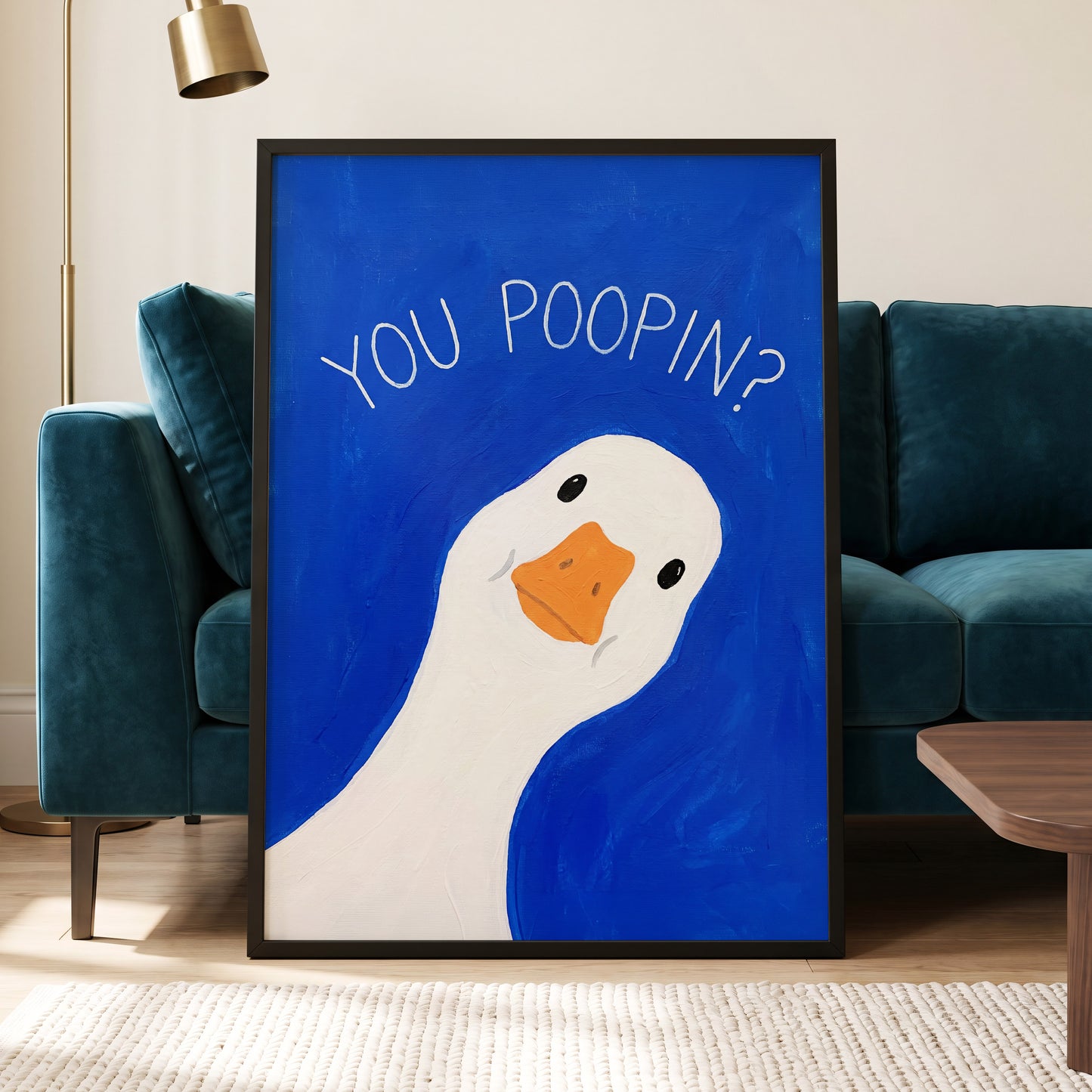 Cheeky Goose Check-In, blue, white, orange nature wall art displayed in a styled interior, gallery view 2