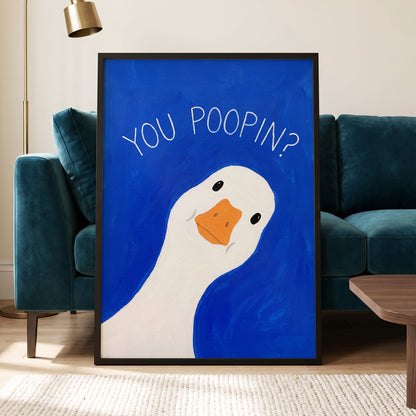 Cheeky Goose Check-In, blue, white, orange nature wall art displayed in a styled interior, gallery view 2
