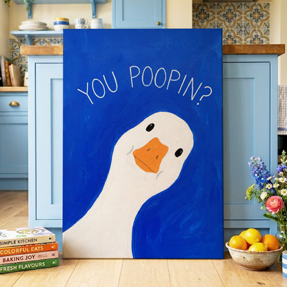 Cheeky Goose Check-In, blue, white, orange nature wall art displayed in a styled interior, gallery view 3