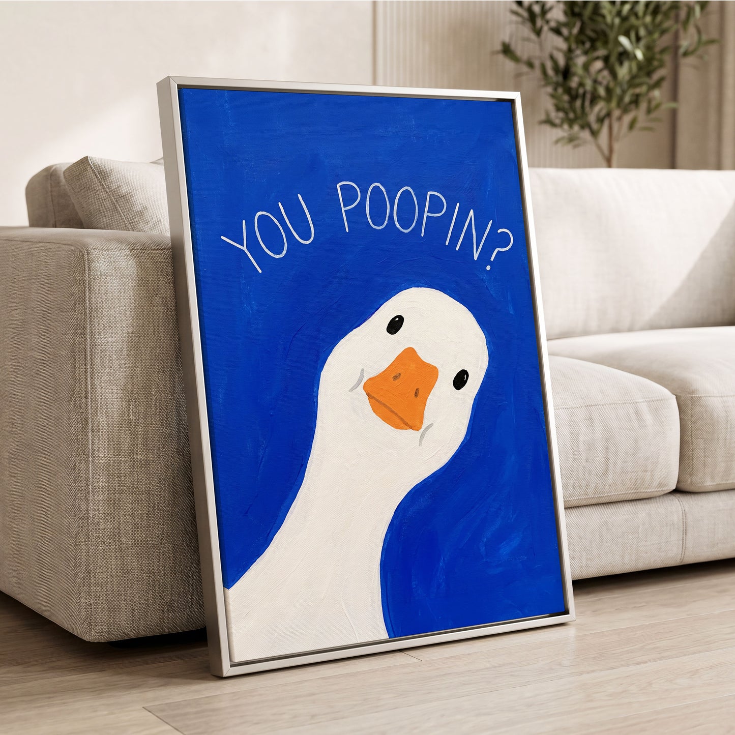 Cheeky Goose Check-In, blue, white, orange nature wall art displayed in a styled interior, gallery view 4