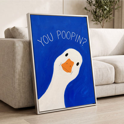Cheeky Goose Check-In, blue, white, orange nature wall art displayed in a styled interior, gallery view 4