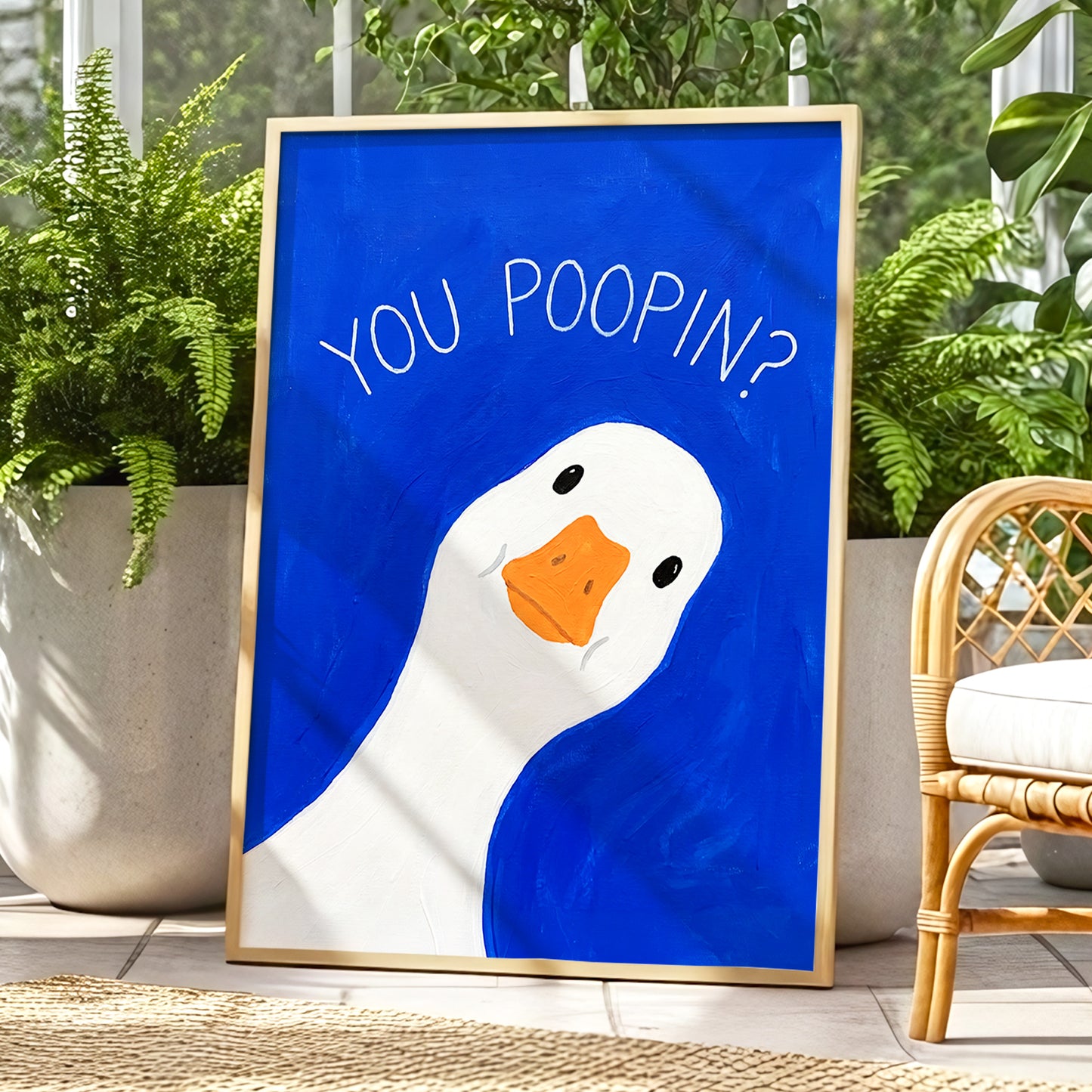 Cheeky Goose Check-In, blue, white, orange nature wall art displayed in a styled interior, gallery view 6