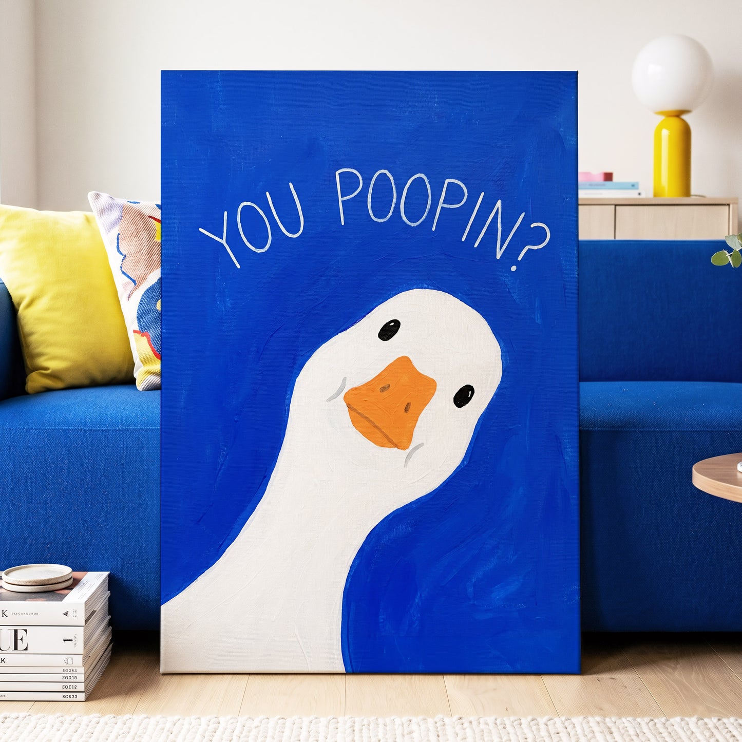 Cheeky Goose Check-In, blue, white, orange nature wall art displayed in a styled interior, gallery view 7